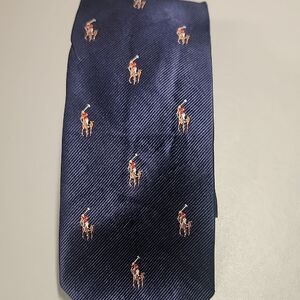 Ralph Lauren Navy Silk Tie with Red & Tan Polo Player Motifs